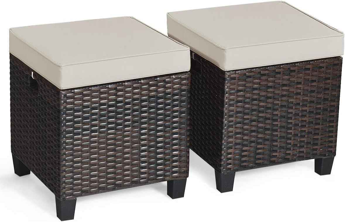 Tangkula 2 Pieces Outdoor Patio Ottoman, All Weather Rattan Wicker Ottoman Seat, Patio Rattan Furniture, Outdoor Footstool Footrest Seat w/Removable Cushions