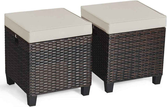 Tangkula 2 Pieces Outdoor Patio Ottoman, All Weather Rattan Wicker Ottoman Seat, Patio Rattan Furniture, Outdoor Footstool Footrest Seat w/Removable Cushions