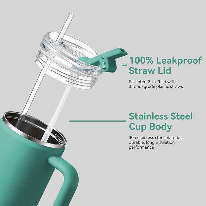 Gpeng 30/40/50 oz Tumbler with Handle, Water Bottles with Straw Lid, Insulated Stainless Steel Travel Mug Cup Holder Friendly, Keep Drinks Cold or Hot for Hours (Aqua, 40 oz)