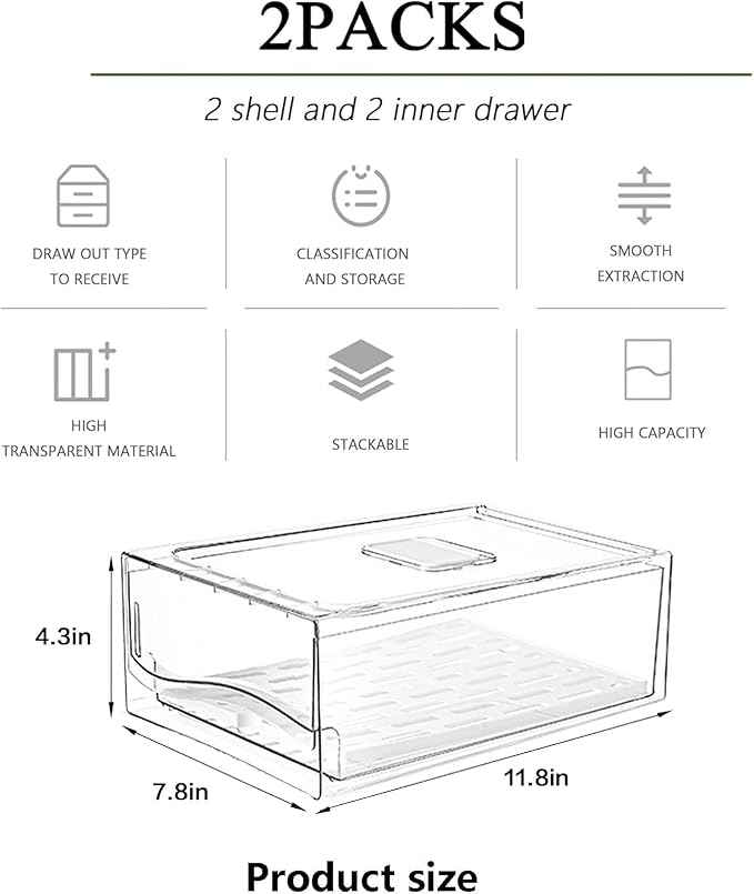 2 Pack Large Capacity Refrigerator Organizer and Storage, Fruit Storage Containers,Stackable Fridge Storage Containers for Drinks, Meat,Vegetable,Produce,Kitchen, Barbecue Shop, Restaurant, BPA-Free