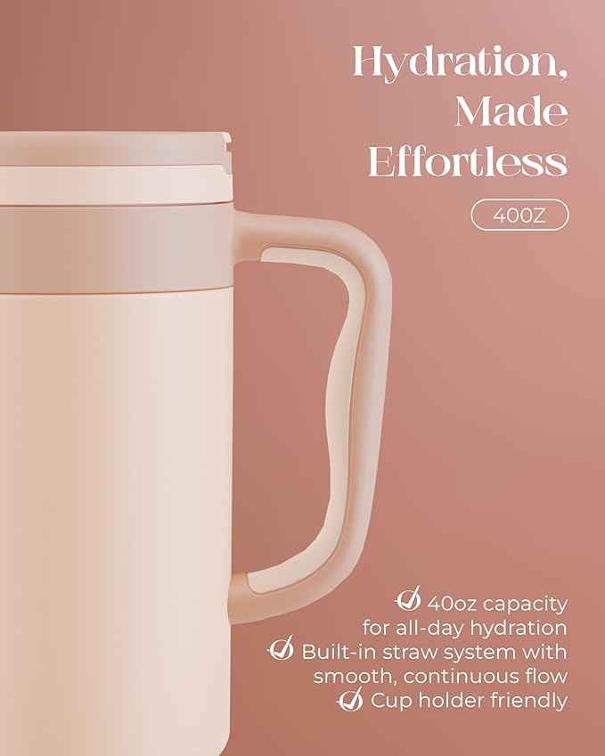 40 oz Insulated Tumbler with Handle and Push-Button Straw Lid, Stainless Steel Travel Cup for Gym Office, Leakproof, BPA-Free, Cup Holder Friendly, Bow Silicone Boot, Beige (Cream Latte)