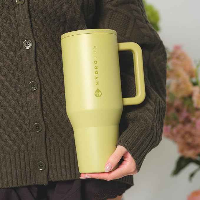 HydroJug Traveler - 40 oz Water Bottle with Handle & Flip Straw - Fits in Cup Holder, Leak Resistant Tumbler-Reusable Insulated Stainless Steel & Rubber Base - Gifts for Women & Men, Olive