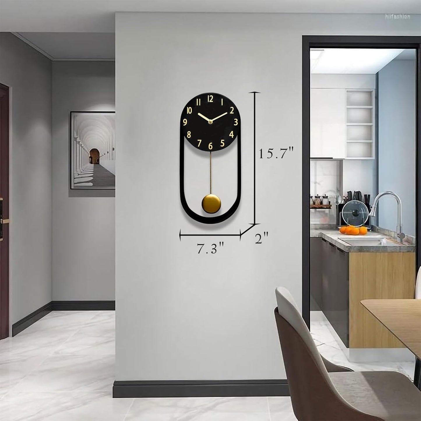 Stylish Minimalist Pendulum Black Wall Clock 8 Inch Modern Decorative Timepiece Silent Gold Pendulum Included Distinctive Metal Frame Design