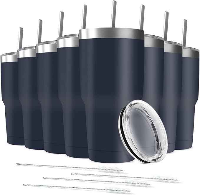 30oz Tumbler Vacuum Insulated Travel Mug with Lids, Stainless Steel Double Wall Bulk Cup for Home, Office, Outdoor Suitable for Vehicle Cup Holders(Set of 8, Navy)