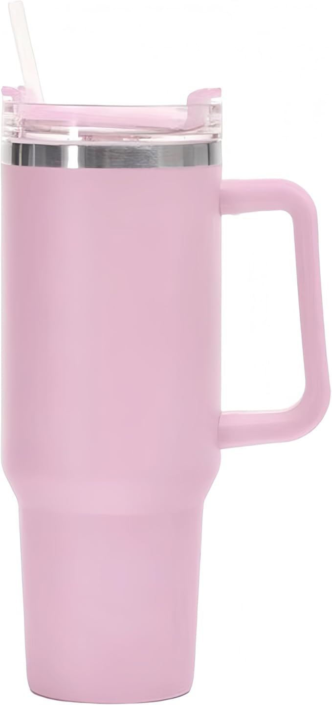 40oz Insulated Travel Mug Tumbler With Handle and Straw,Stainless Steel Double Wall Vacuum Cup Keep Drink Cold and Hot (Pink)