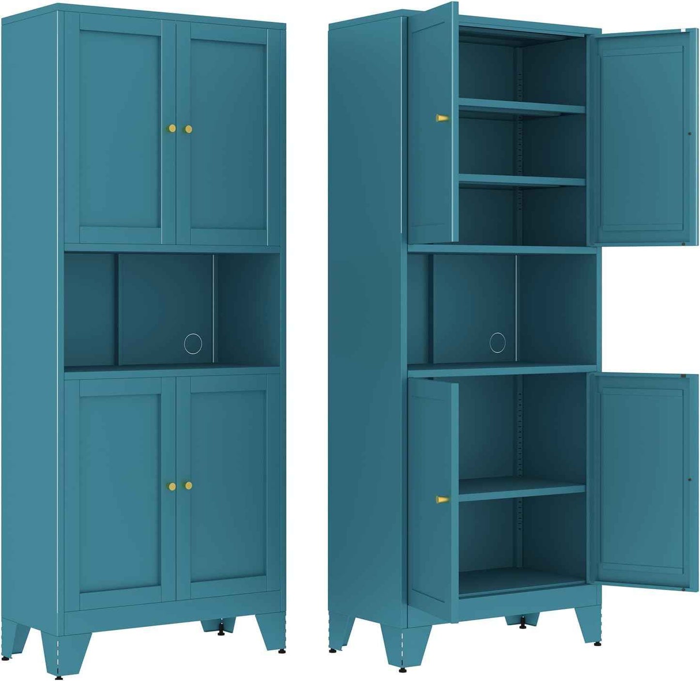 68.9'' Metal Pantry Cabinet, Kitchen Pantry Storage Cabinets with Doors and Microwave Shelf, Tall Freestanding Storage Cabinets with Anti-tip Design, for Dining Room Living Room Bathroom(Blue)