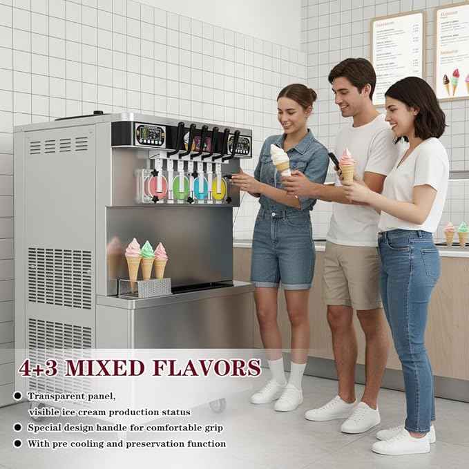 Commercial 7 Flavors Soft Serve Ice Cream Machine,17 Gal/H Yield Floor Stand Soft Ice Cream Maker,4+3 Mixed Frozen Yogurt Ice Cream Machine-Upper Tanks Refrigerated,For Restaurant Snack Bar