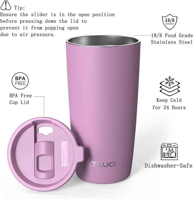 TILUCK 20 oz Insulated Tumbler with BPA-Free Lid, Stainless Steel Vacuum Travel Coffee Mug, Double Wall Coffee Tumbler（20oz，Matte Lilac）