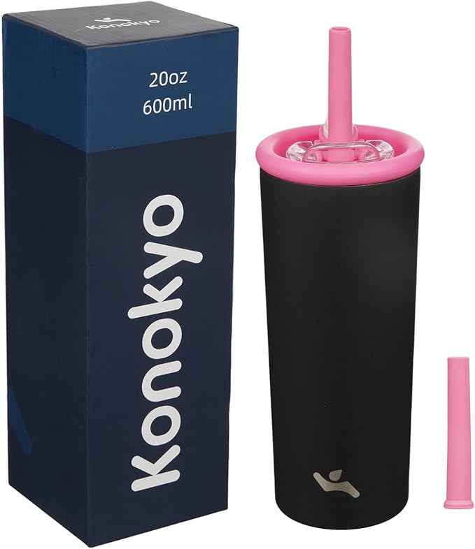 Konokyo 20oz Insulated Tumbler with Lid and Straw, Reusable Iced Coffee Cup with Lid, Travel Coffee Mug, BPA-Free, Leak-Proof and Durable, Black