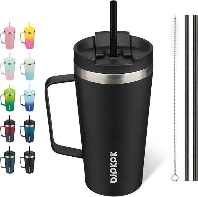 BJPKPK Insulated Tumbler with Handle, 18oz Insulated Tumblers with Lid and Straw, Stainless Steel Metal Water Bottles, Coffee Travel Mugs, Cups, Black