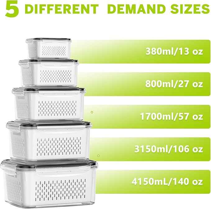 HOMETALL 5 Pack Fruit Storage Containers for Fridge, Plastic Fruit Containers for Fridge with Removable Colanders, Leakproof Fridge Organizers and Storage for Berry Vegetable Salad Lettuce Meat Food