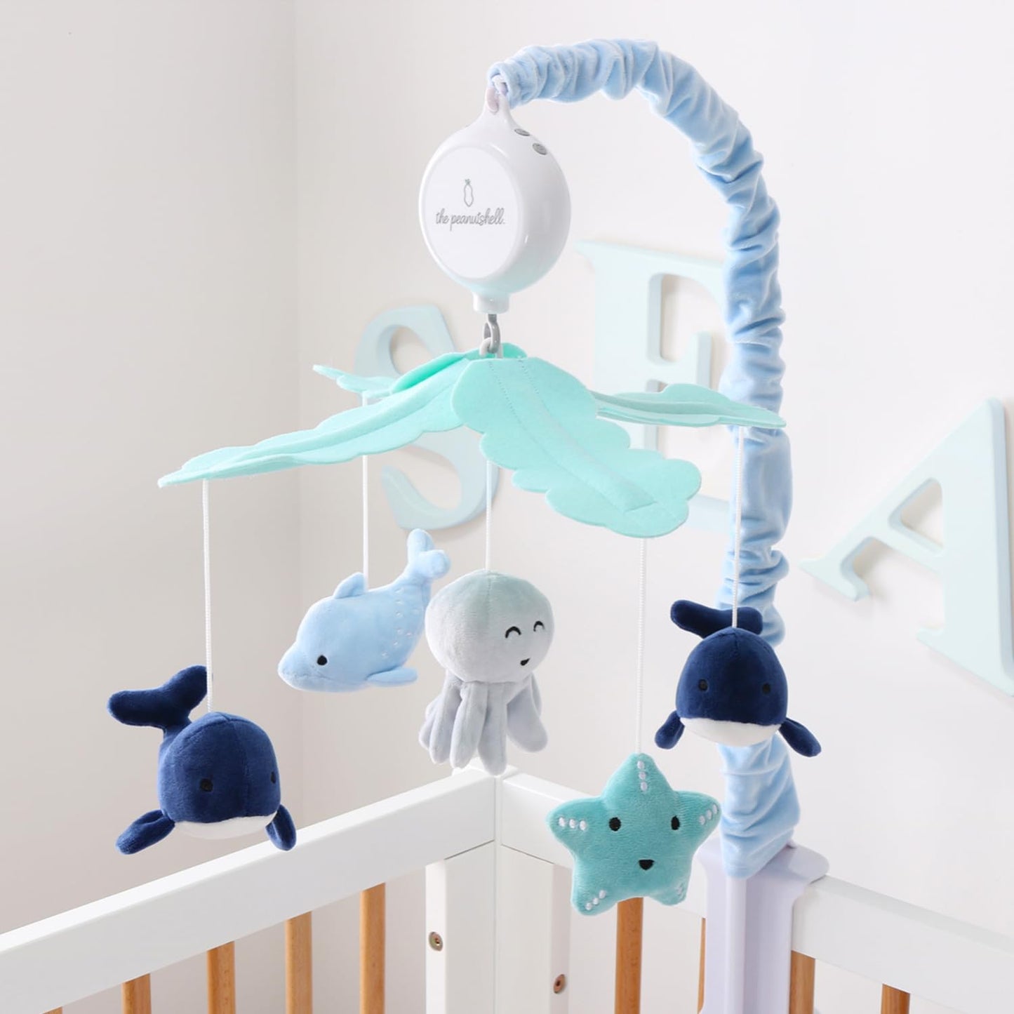 The Peanutshell Crib Mobile for Boys or Girls - Light and Dark Blue Musical Baby Crib Mobile with 12 Lullabies, Ocean Baby Nautical Nursery Decor