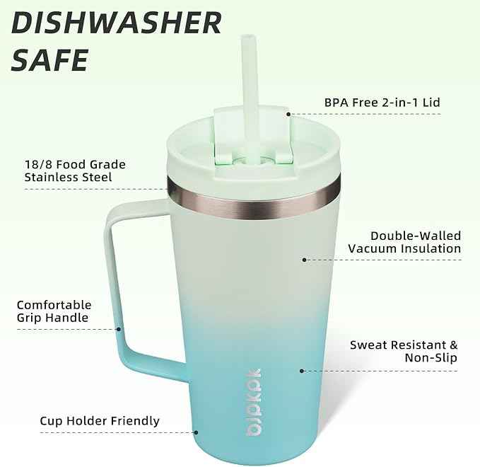 BJPKPK Insulated Tumbler with Handle, 18oz Insulated Tumblers with Lid and Straw, Stainless Steel Metal Water Bottles, Coffee Travel Mugs, Cups, Mint