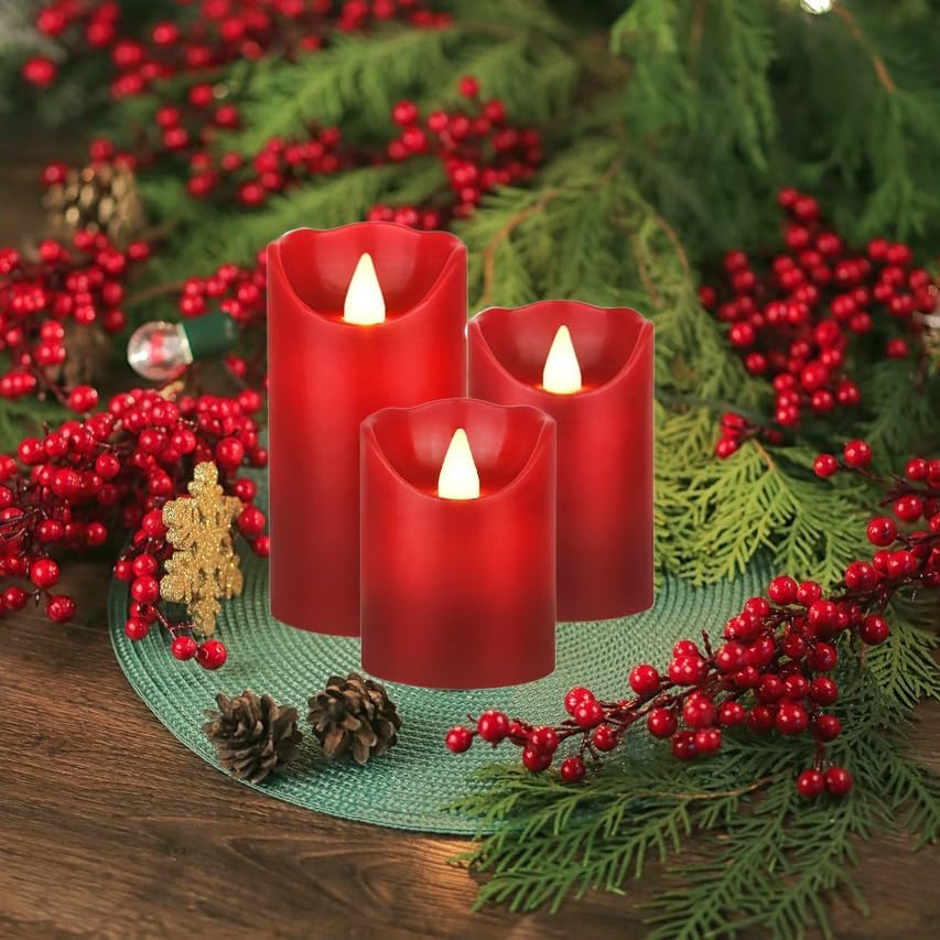 Flameless Battery Operated LED Candles with10key Button Remote Control 24-Hour Timer Set of 3 Electric Flickering Pillar Real Wax，Wedding, Party, Home Decoration (Red)