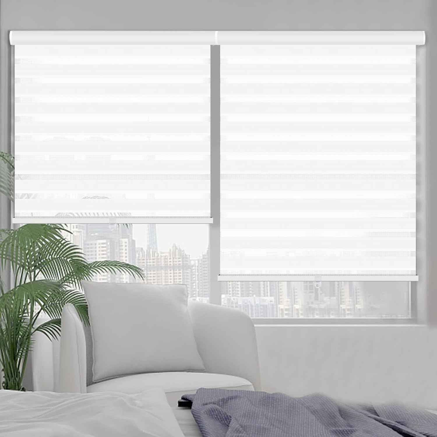 Kokorona Zebra Blinds Roller Shades Cordless Window Blinds with Valance Cover, Day and Night Sheer Shades Dual Layer Fabric for Light Control Light Filtering Privacy, White, 60" W X 72" H