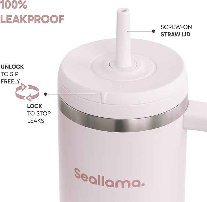 Seallama. Tumbler with Handle and Straw 40 oz | Cup Holder Compatible for Travel | Insulated Stainless Steel Cup | BPA-Free | (Pink Mochi)