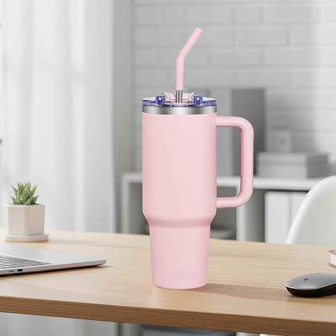 COKTIK 40 oz Tumbler With Handle and Straw, Insulated Tumbler With Leakproof Lids, Stainless Steel|BPA-Free, Cold for 24 H (Blush)