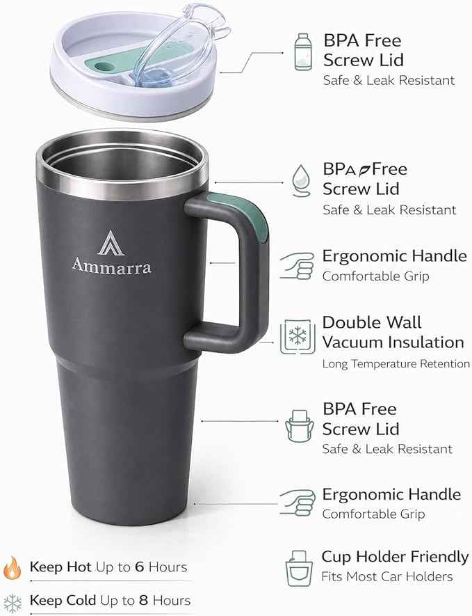 40oz Stainless Steel Vacuum Insulated Tumbler with Handle and Straw, Large Capacity Insulated Cup (Gray)
