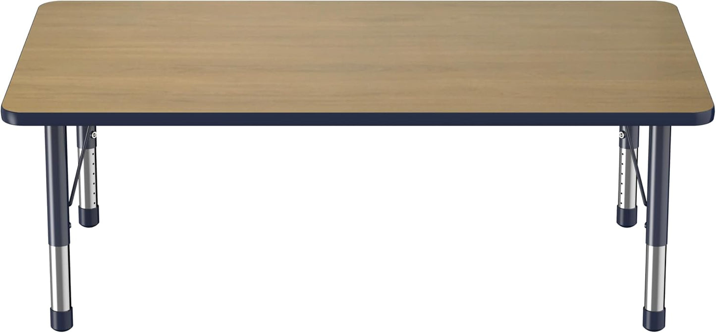 FDP Rectangle (36 x 60 inch) Classroom Table with Adjustable Chunky Toddler Legs (15-24 in); Preschool, Kinder and Daycare Furniture - Pasadena Oak Top/Navy Edge and Legs