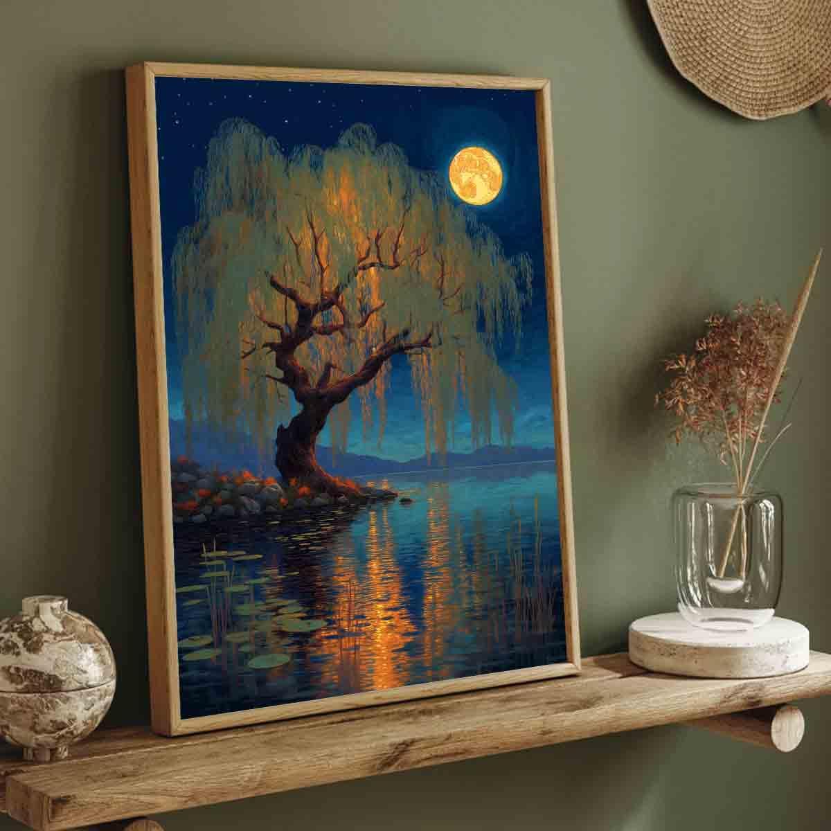 Vlolvfe Night Scenery Wall Art Country Nature Full Moon Poster Abstract Scenery Wall Art Nature Themed Tree Pictures Night Sky Picture Landscape Pictures Living Room Decor 16x24inch No Frame