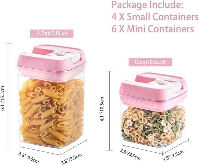 U-QE Airtight Food Storage Container Set-10 Piece BPA Free Clear Plastic Cereal Canisters with Easy Lock Lids-Kitchen & Pantry Organization Containers for Sugar, Flour, Cereal, Labels & Marker(Pink)