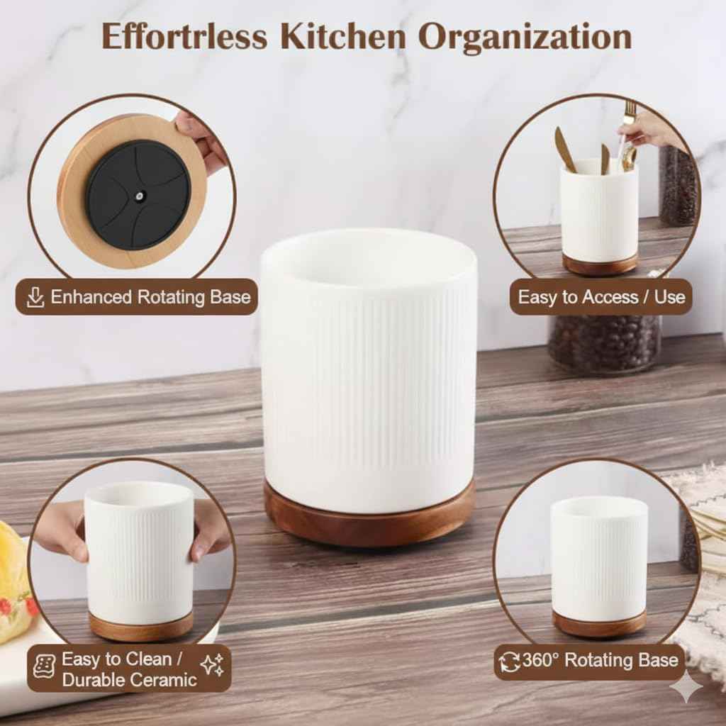 Utensil Holder, 360° Rotating Extra Large Ceramic Kitchen Utensil Holder for Countertop 7.3“ Cooking Utensil Crocks for Kitchen Counter with Rotatable Wooden Base, Farmhouse Decor, White