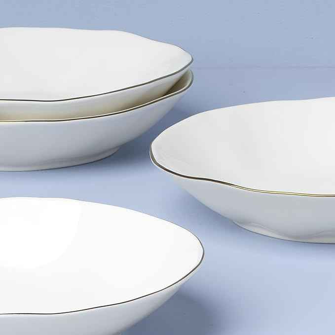 Lenox Dinnerware Set, Blue Bay White Pasta Bowls, Set of 4, Service For 4, Dishwasher and Microwave Safe, Made of Porcelain, 24 Ounce Capacity, Salad Bowl, Pasta Bowl, Gold Branding (White, 4 Pieces)