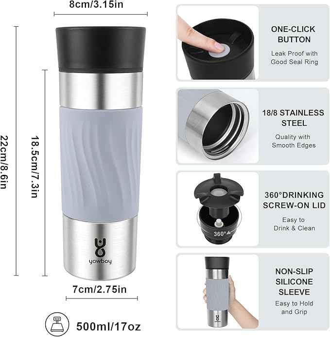 Travel Coffee Mug with 360°Lid, Travel Coffee Tumbler 16 oz Leak Proof, Stainless Steel Insulated Travel Mugs for Hot and Cold Spill Proof Leak Proof(Grey)