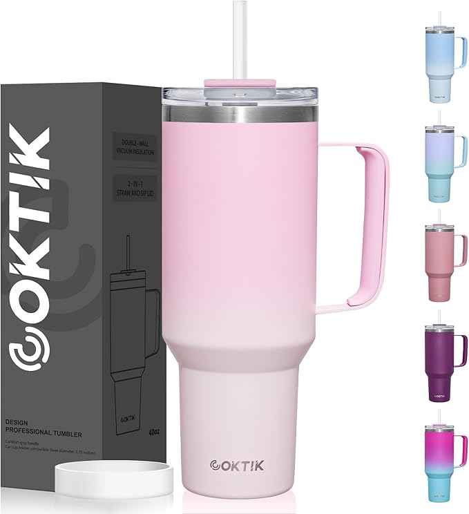 COKTIK 40 oz Tumbler With Handle and Straw, Insulated Tumbler With Leakproof Lids, Stainless Steel|BPA-Free, Cold for 24 H (Sakura)