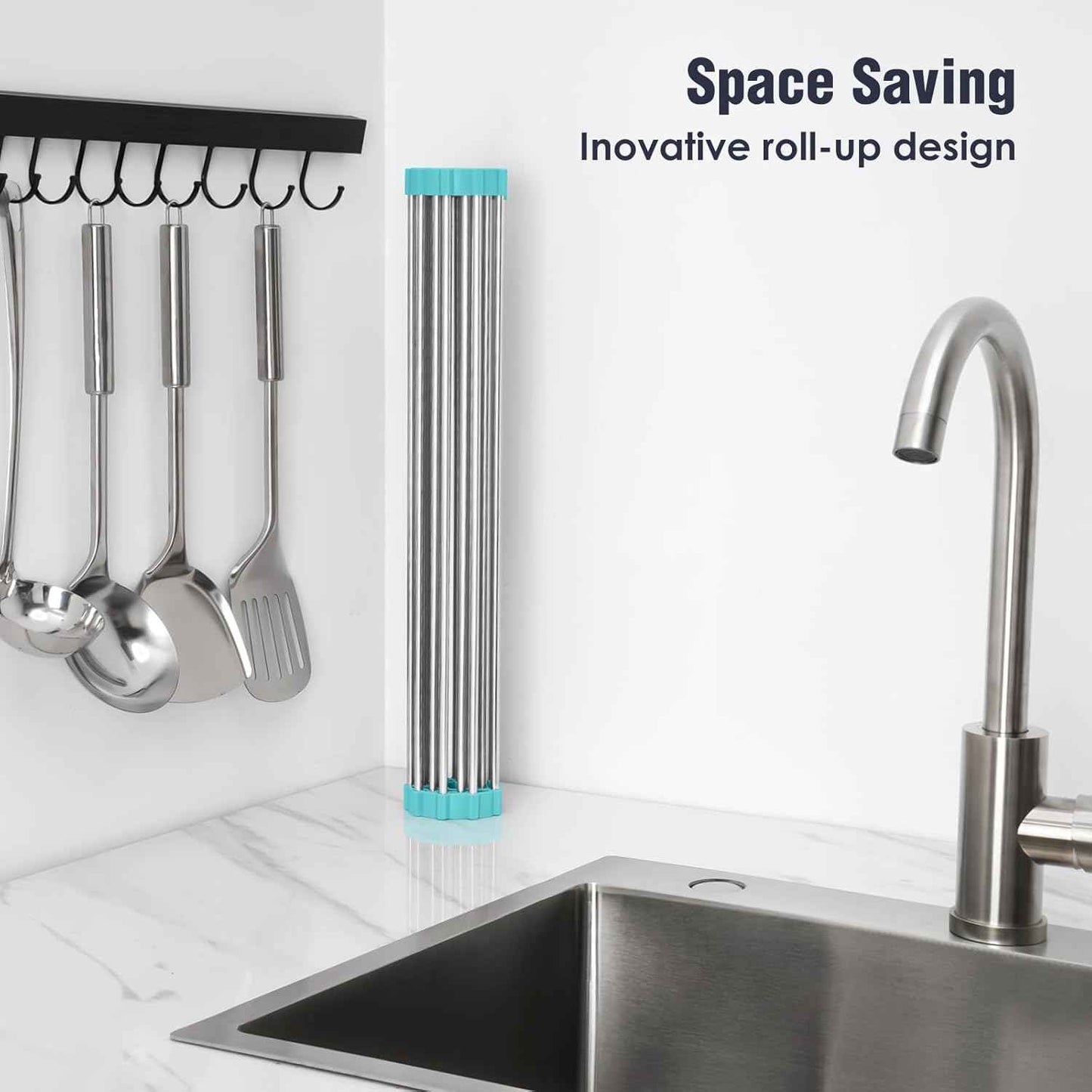Tomorotec 17.7" x 15.5" Roll Up Dish Drying Rack Over Sink Drying Rack Sink Cover Kitchen Sink Accessories Gadget Multipurpose Organizer Foldable Stainless Steel Drainer