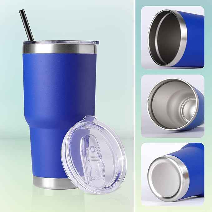 DOMICARE 30 oz Tumbler with Lid and Straw, Stainless Steel Tumblers Bulk, Insulated Vacuum Double Wall Travel Coffee Mug, Durable Powder Coated Tumbler Cups (Dark Blue, 4)
