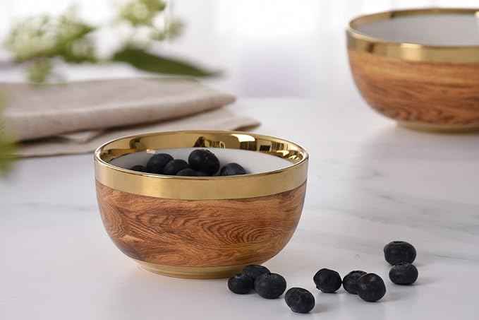 Pampa Bay Wood Look Titanium-Plated Porcelain Snack Bowl, 4.3 Inch, Gold/White/Wood look