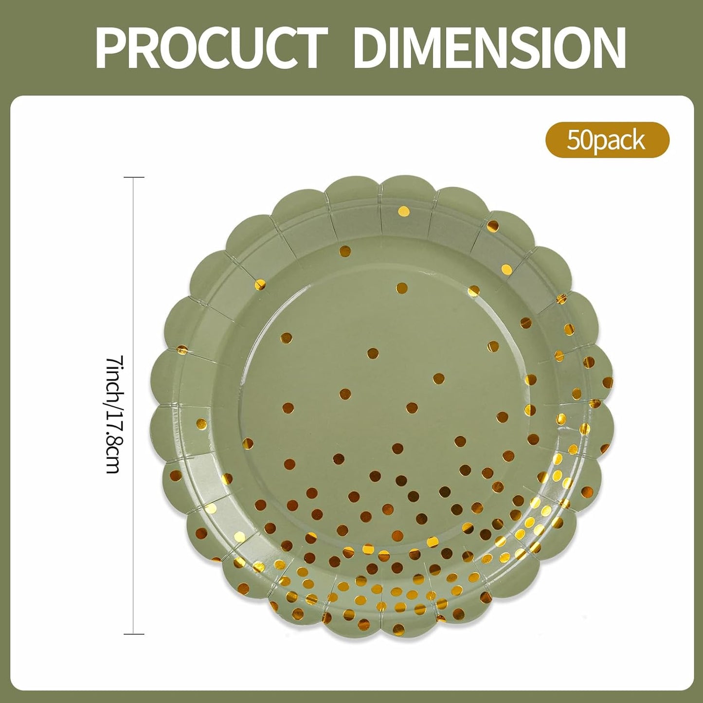 50PCS Sage Green Paper Plates, 7 Inch Scalloped Green and Gold Party Plates Disposable Foil Polka Dots Dessert Plate Cake Plate for Birthday, Baby Shower, Wedding, Bridal Shower St Patricks