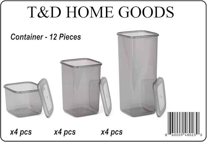 T&D HOME GOODS Storage Jars with Lid, Airtight, Set of 12 Storage Containers, BPA-Free, Storage Container for Cereal, Flour, Kitchen, Practical Organiser Kitchen, (12, 3 Square diff size)