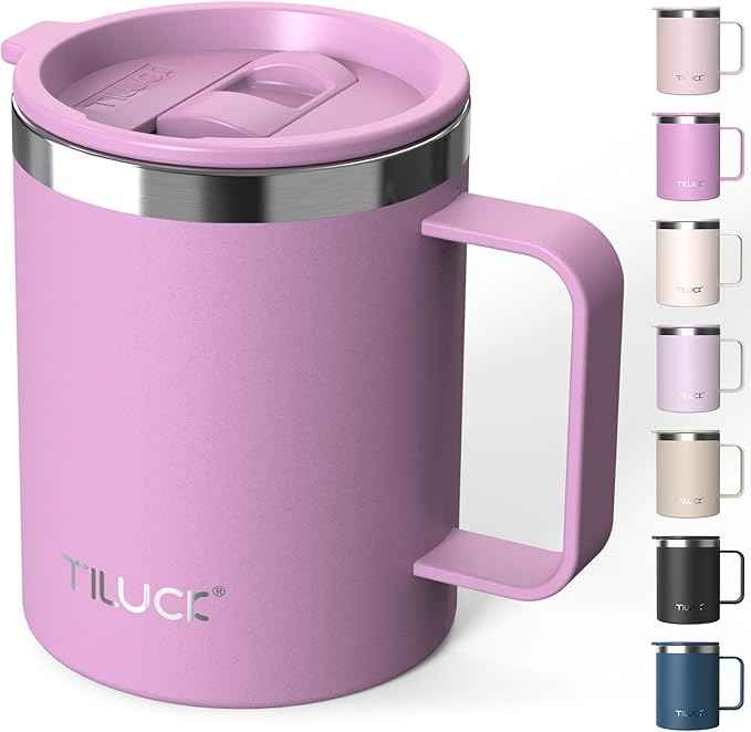 TILUCK 12 oz Insulated Coffee Mug with Lid, Double Wall Vacuum Insulated Travel Mug Cup with Handle for Hot or Cold Drinks（12oz，Matte Lilac）