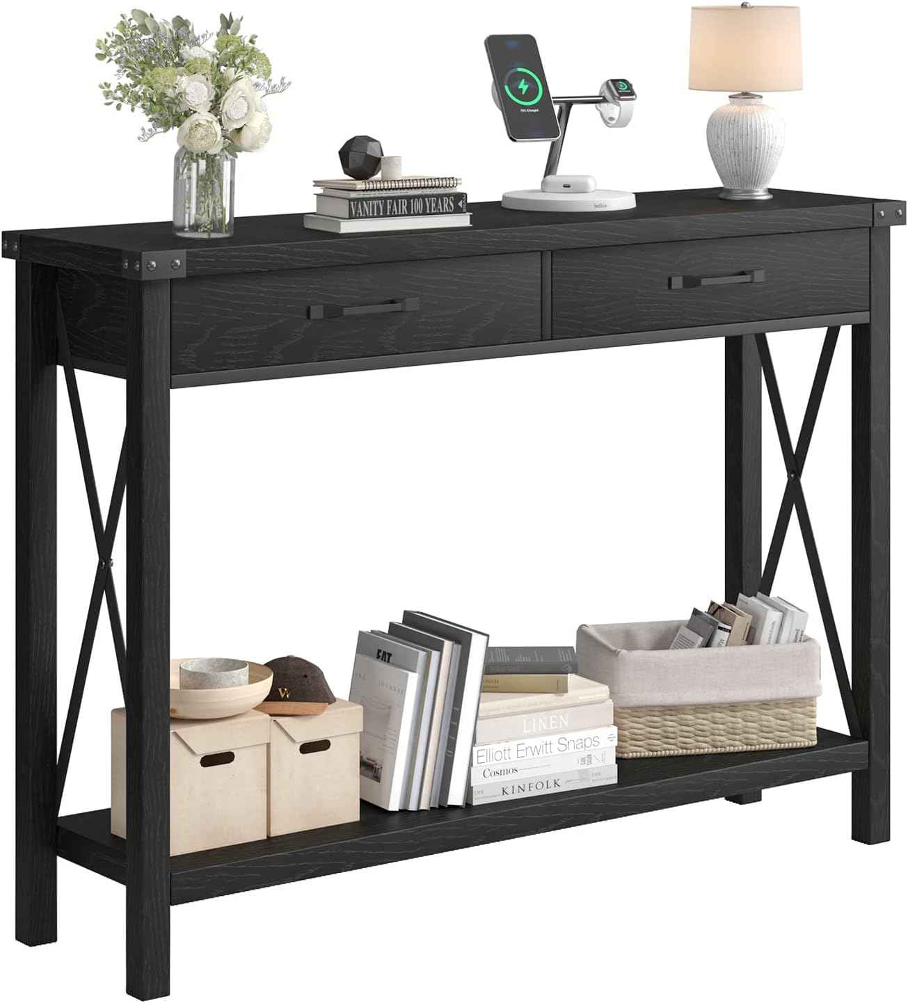 Farmhouse Console Table with 2 Drawers – Narrow Wood Sofa Table – Storage Shelf – Classic Entryway or Living Room Accent Furniture – Black