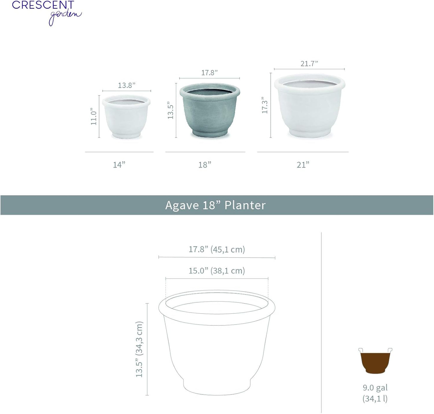 Crescent Garden Agave Planter, Charming Old-World Plant Pot, 18-Inch (Parchment)