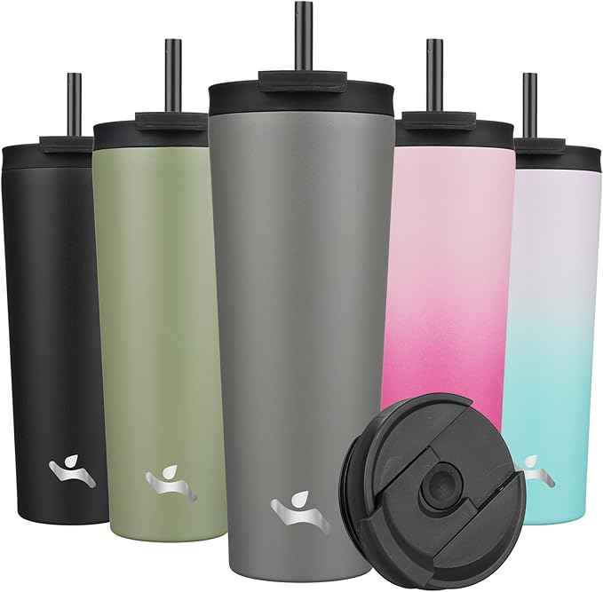 Konokyo 26 OZ Insulated Tumbler with Lid and 2 Straws Stainless Steel Water Bottle Vacuum Travel Mug Coffee Cup,Gray