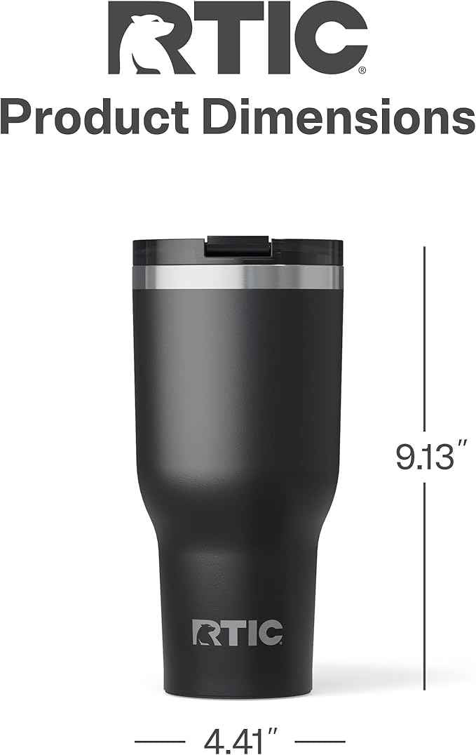 RTIC 40oz Essential Tumbler with Lid, Ceramic Lined, Insulated, Stainless Steel, Metal, Double Wall Vacuum-Insulation, Travel Cup for Iced Coffee, Tea, Hot and Cold Drink, Black