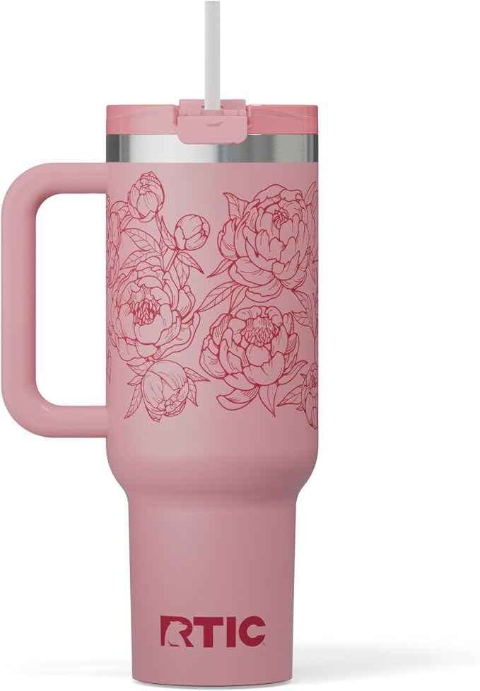 RTIC 40 oz Road Trip Tumbler Double-Walled Cermaic Lined Insulated Stainless Steel Portable Travel Coffee Mug Cup with Lid, Handle and Straw, Pink Peonies