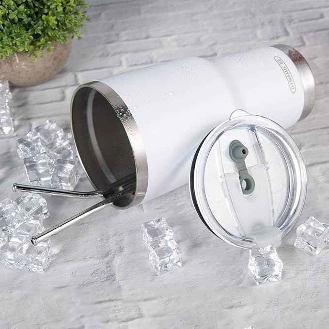 D·S 30oz White Tumbler Stainless Steel Double Wall Vacuum Insulated Mug with Straw and Lid, Cleaning Brush for Cold and Hot Beverages (30oz White)