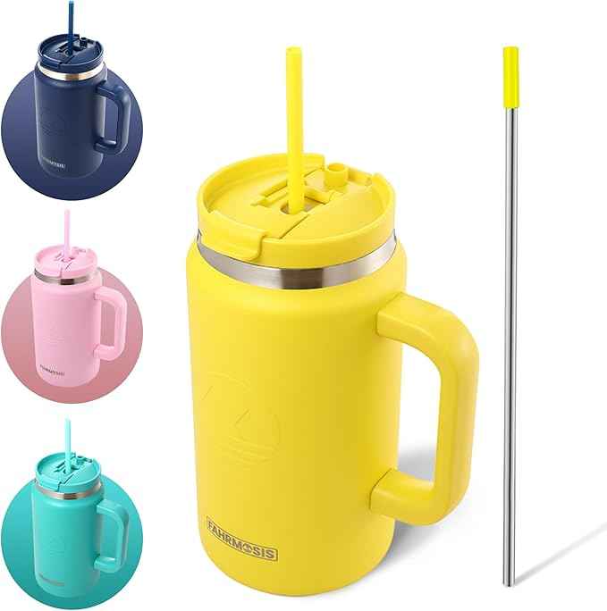 FAHRMOSIS 50 Oz Tumbler with Handle and Straw Large Insulated Tumbler Stainless Steel Travel Mug for Hot & Cold Drinks, Reusable Water Bottle with Lids and Straw - Yellow