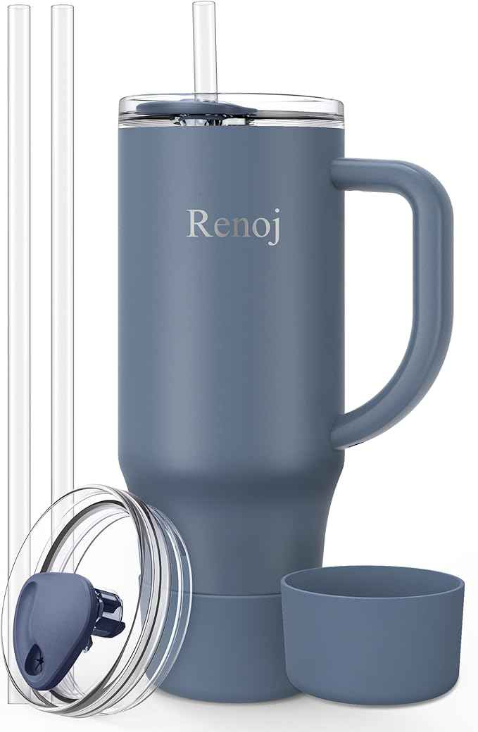 Renoj Insulated Mug 100% Spill Resistant Insulated Water Bottle for Iced Coffee & Hot Drinks - Fits Car Cup Holder, Ideal Gift, 2 Straws & Silicone Boot - FlexSlide Navy Blue 32 oz
