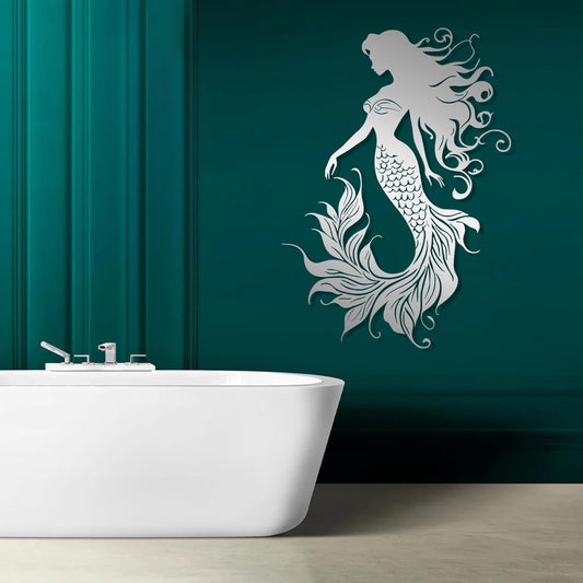 Veplsur Mermaid Metal Wall Art, Metal Mermaid Wall Decor, Marine Biology Wall Decor, Ocean Wall Art, Nautical Wall Hanging, Beach Hanging for Bathroom Bedroom (Silver, 24"x17"|60x43cm)