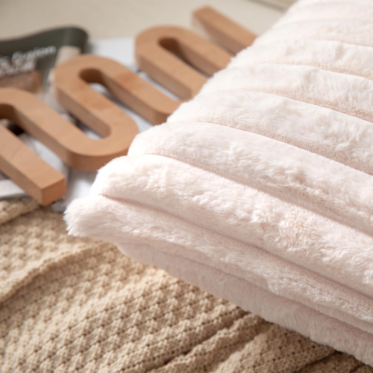 DEELAND Pack of 2,Double-Sided Faux Fur Plush Decorative Throw Pillow Covers Fuzzy Striped Soft Pillowcase Cushion Covers for Sofa Couch Bedroom Beige 22x22 inch