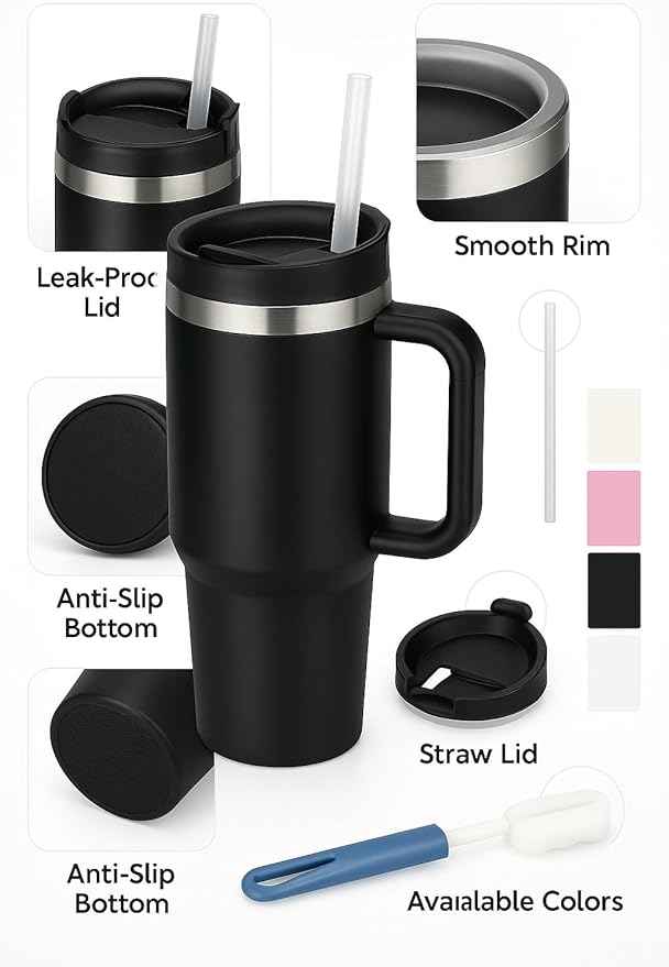 40 oz Tumbler with Handle and Straw | Insulated Stainless Steel Travel Mug with Leak Proof Lid | Cup Holder Friendly | BPA Free | Keeps Cold 12 Hours Hot 8 Hours