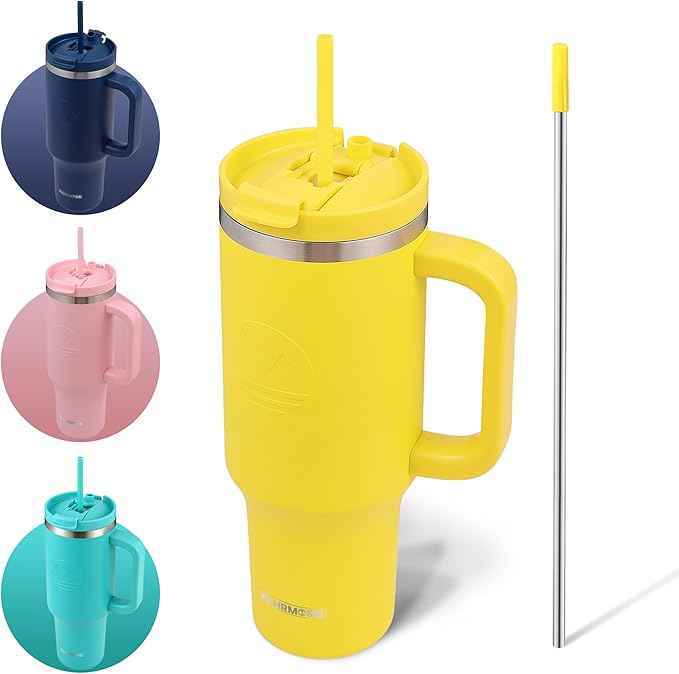 FAHRMOSIS 40 Oz Tumbler with Handle and Straw Insulated Cup that Fits in Cup Holder for Hot & Cold Drinks Leak Proof Tumbler with Straw Stainless Steel Travel Mug for Men & Women - Yellow