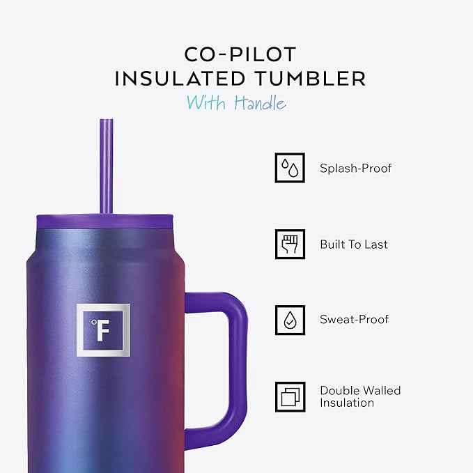 IRON °FLASK Co-Pilot Insulated Mug w/Straw & Flip Cap Lids - Cup Holder Bottle for Hot, Cold Drink - Leak-Proof - Water, Coffee Portable Travel Mug - Lavender, 50 Oz