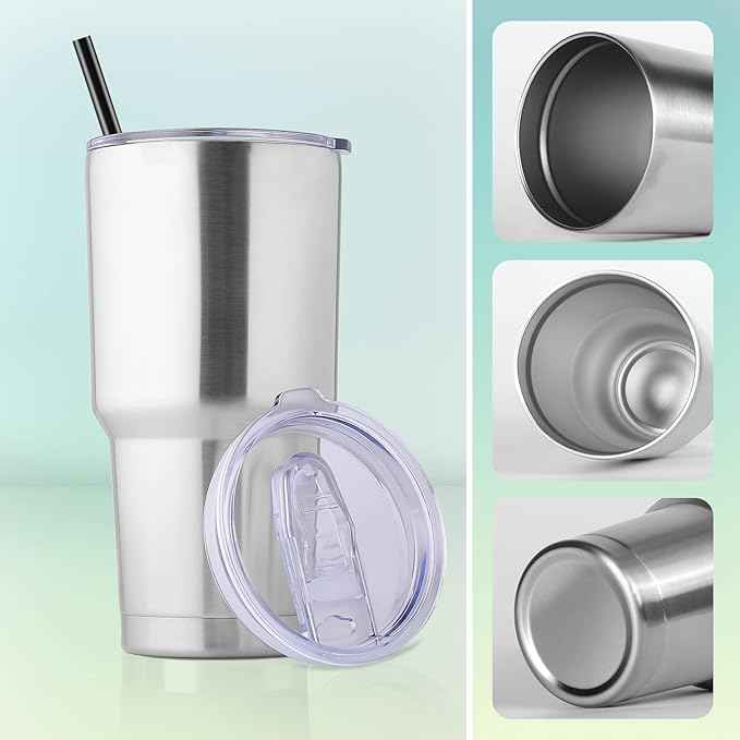 DOMICARE 30 oz Tumbler with Lid and Straw, Stainless Steel Tumblers Bulk, Insulated Vacuum Double Wall Travel Coffee Mug, Durable Powder Coated Tumbler Cups (Stainless Steel, 4)