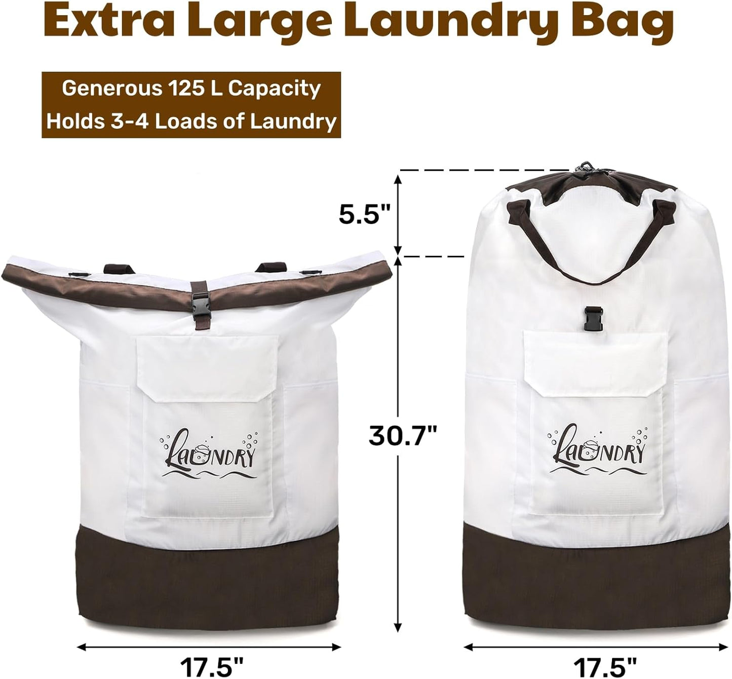 Backpack Laundry Bag, 125L Extra Large College Laundry Backpack with Shoulder Straps, Heavy Duty Dirty Clothes Hamper Bag, Drawstring Travel Laundry Bag for Dorm Apartment Laundromats, White